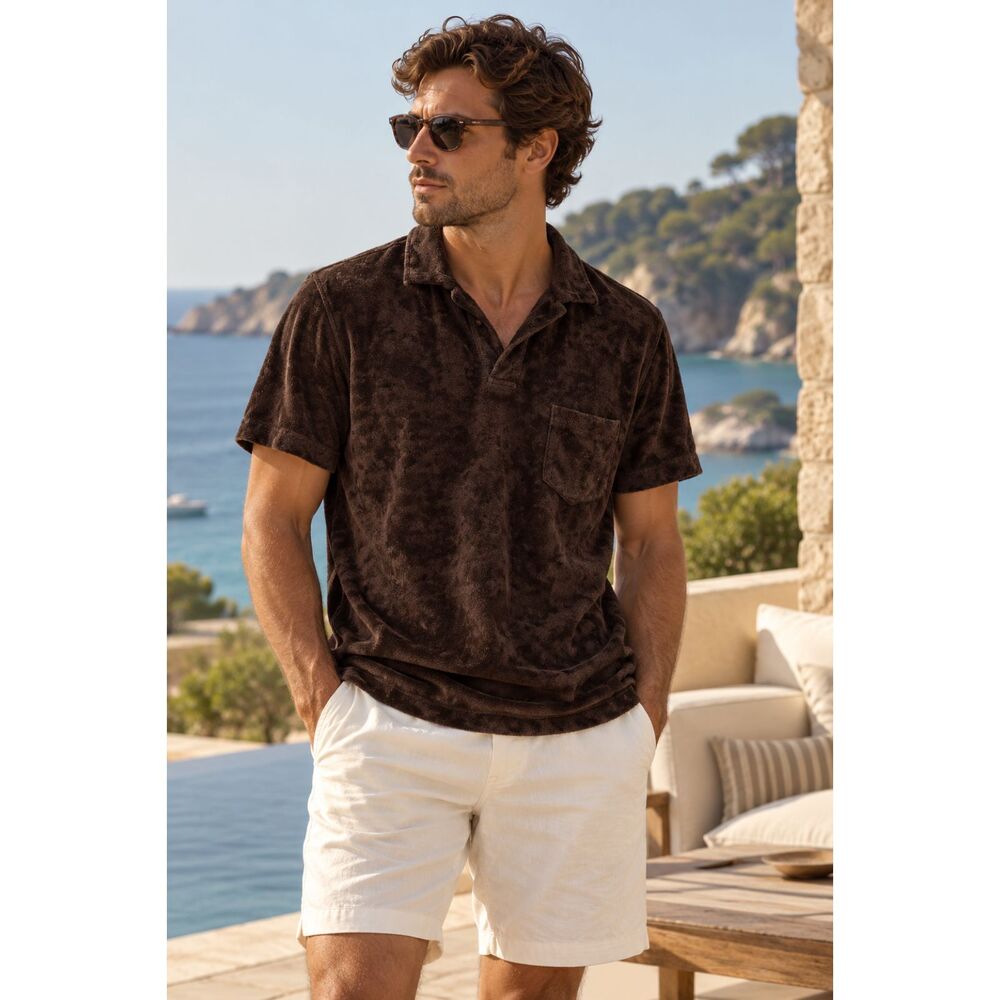Orlebar Brown Black Brown Pattern Polo Shirt Top  Mens Size Medium